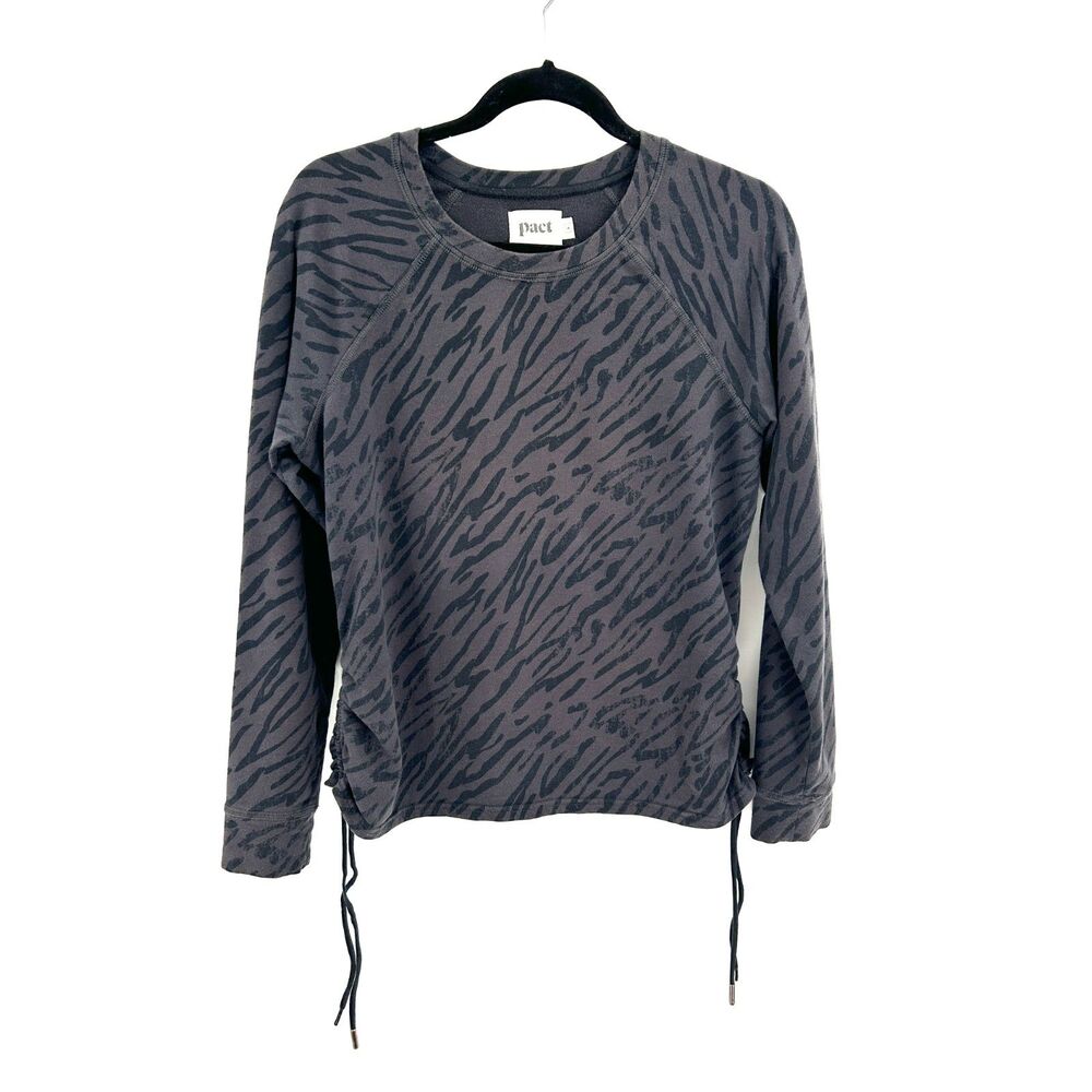 PACT Organic Cotton Gray Zebra Print Ruched Drawstring Side Sweatshirt Large